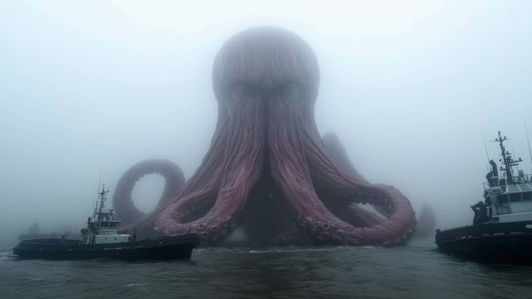 Representación de un pulpo gigante emergiendo del mar junto a embarcaciones
