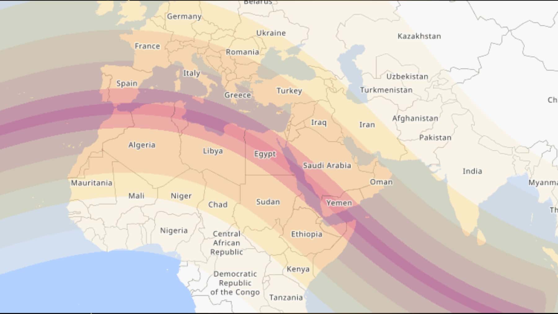 Mapa con las zonas de visibilidad del eclipse solar sobre Europa, África y Oriente Medio