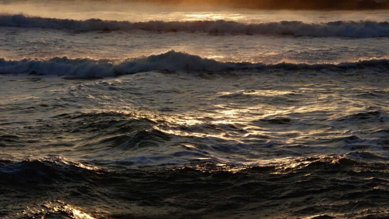 Olas del mar al atardecer con reflejos dorados sobre el agua
