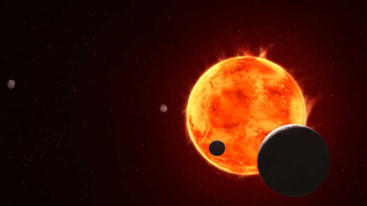 Estrella enana roja TRAPPIST-1 y sus cuatro planetas más cercanos,