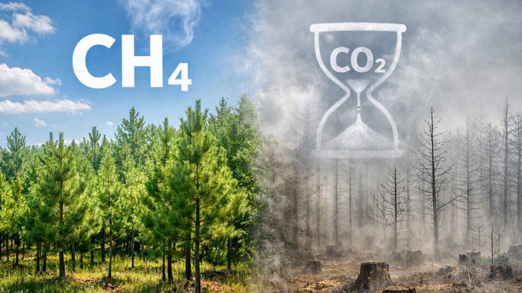 Bosque joven capturando CO₂ frente a un paisaje degradado que representa el impacto climático del metano