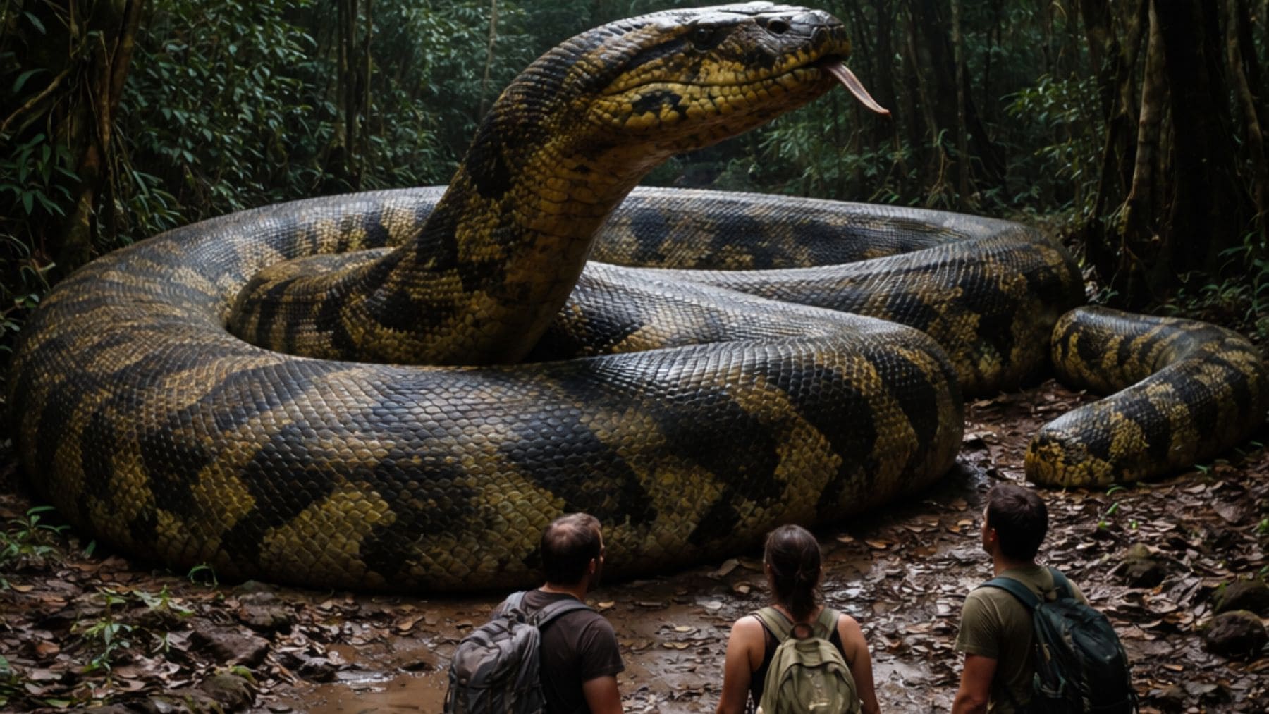 Anaconda gigante amazónica junto a humanos como referencia de tamaño en un entorno selvático.