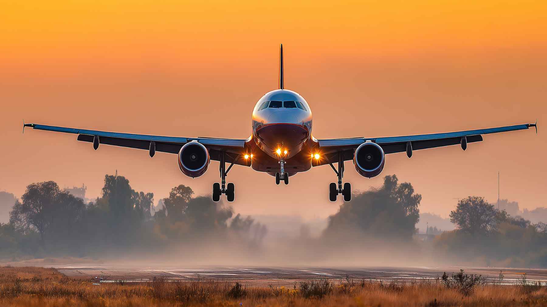 Avión comercial aterrizando al amanecer como símbolo del impacto climático de la aviación