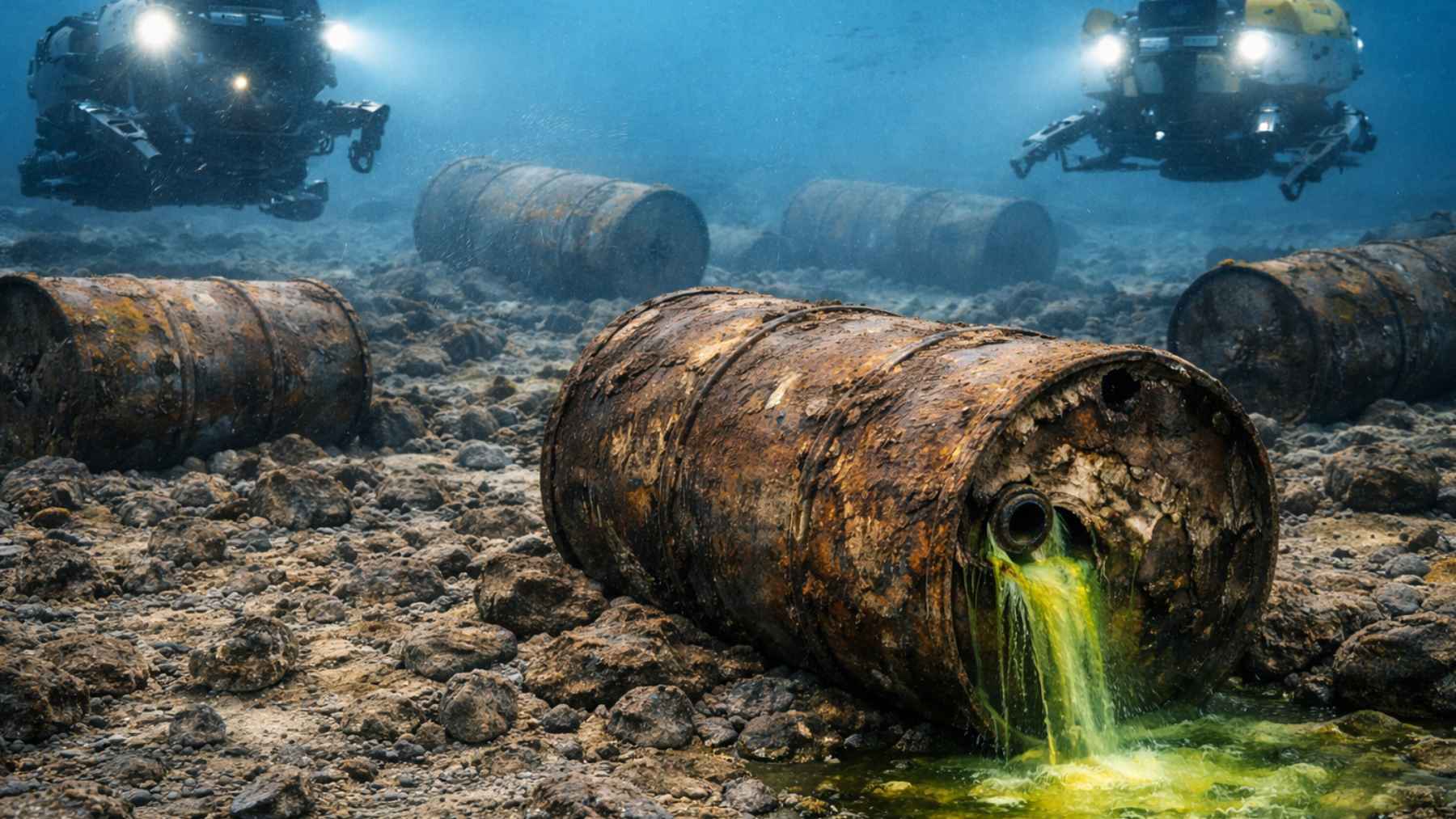 Barril oxidado en el fondo marino filtrando líquido verde mientras dos robots submarinos lo iluminan