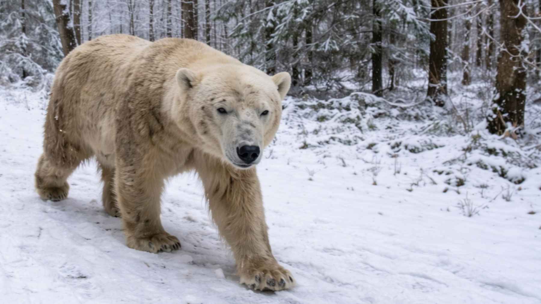 Oso polar caminando por un sendero nevado mientras una persona lo graba con el móvil en un bosque