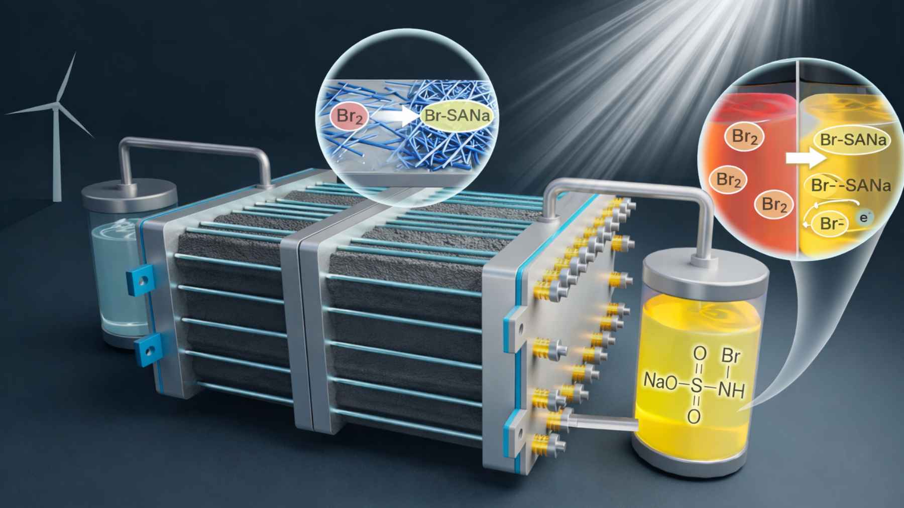 Esquema de una batería de flujo de zinc bromo sin corrosión para almacenamiento de energía renovable