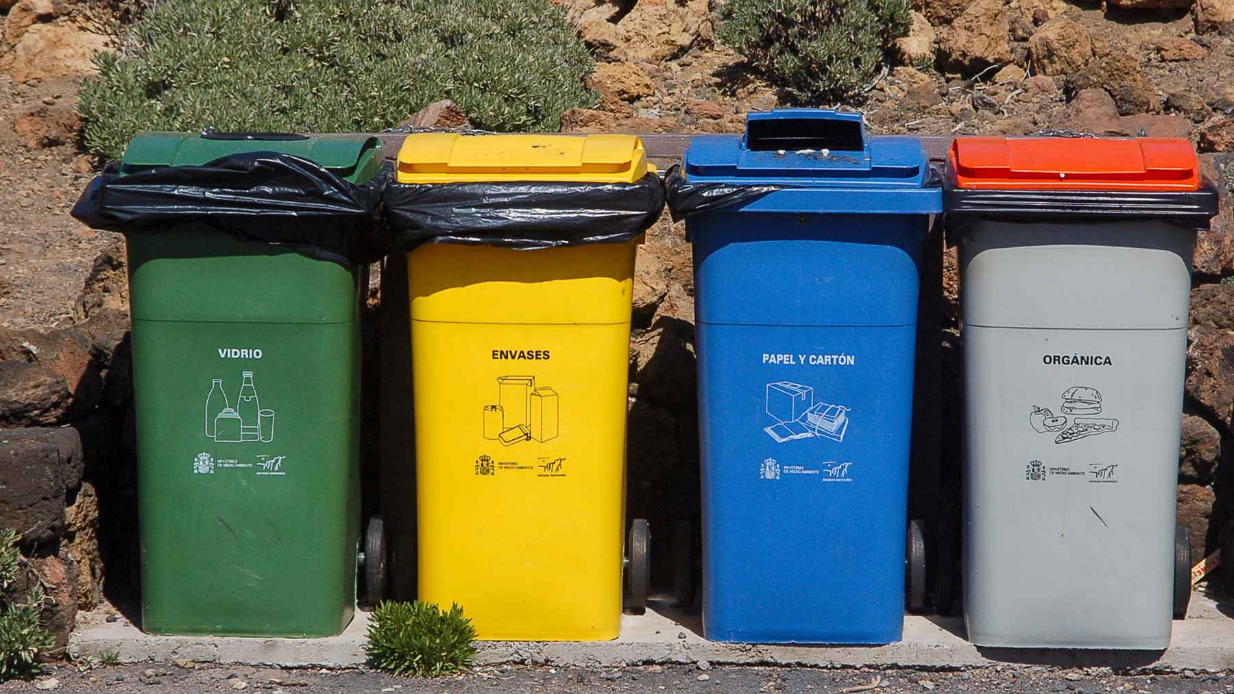 Contenedores de reciclaje para vidrio, envases, papel y residuos orgánicos en la vía pública