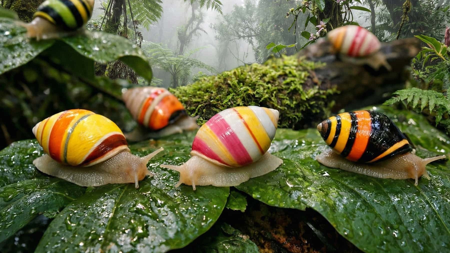 Varios caracoles terrestres de conchas multicolor sobre hojas mojadas en una selva tropical con niebla al fondo.
