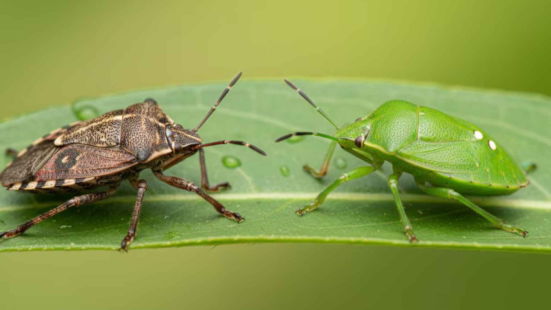 Chinche asiática marrón y chinche verde sobre una hoja, comparadas lado a lado