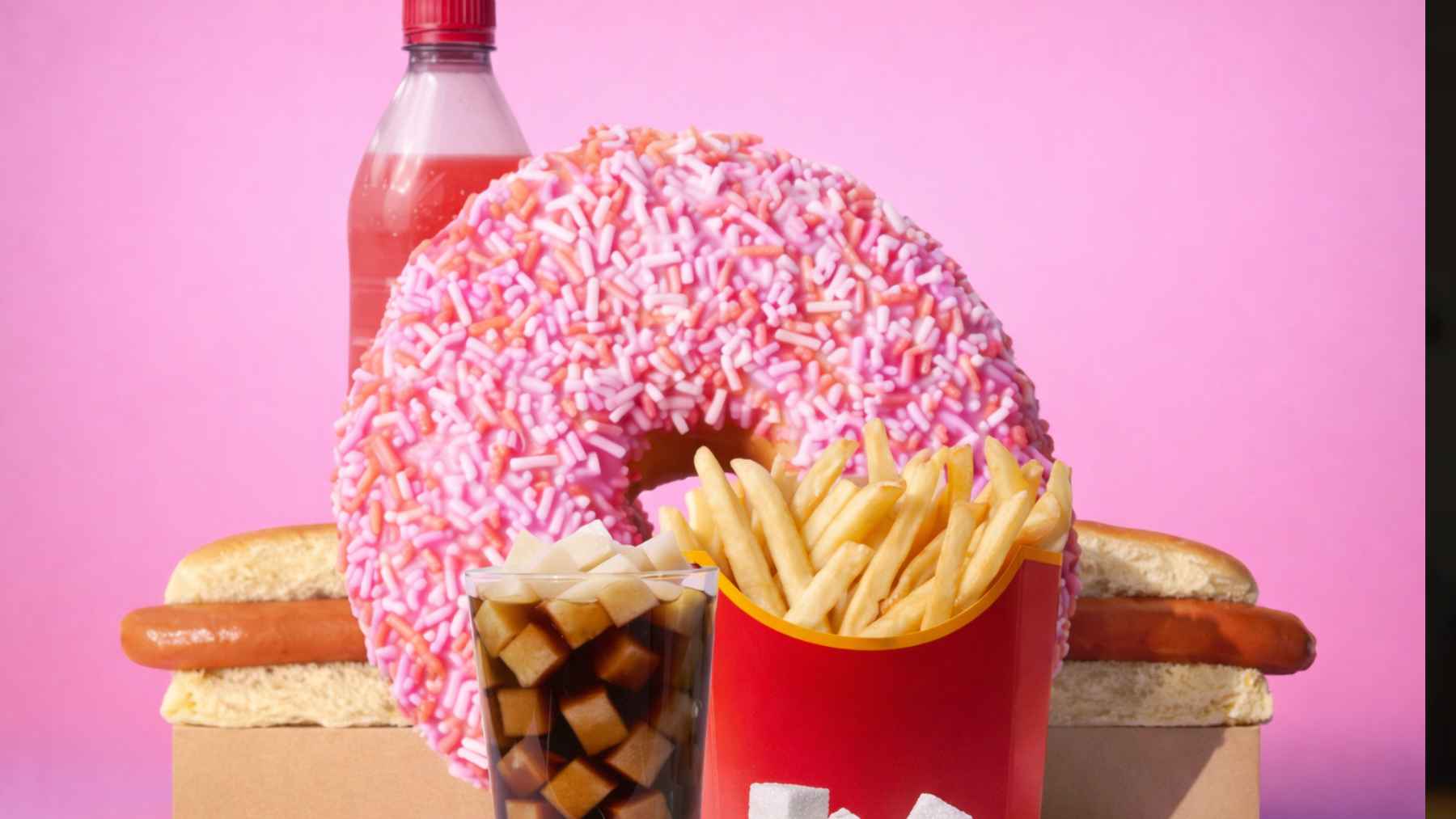 Comida ultraprocesada con alto contenido en conservantes como refrescos, donuts, patatas fritas y embutidos