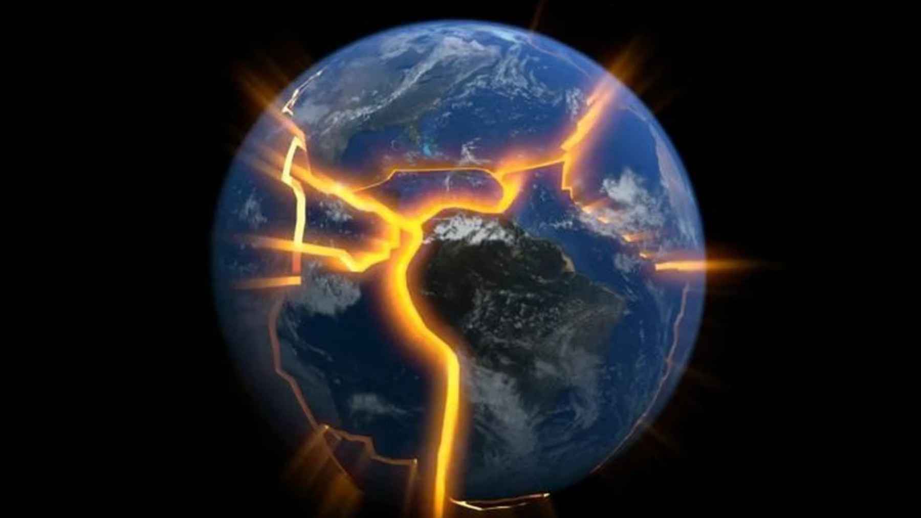 Planeta Tierra con grietas incandescentes que simbolizan la fractura de placas tectónicas en Cascadia.