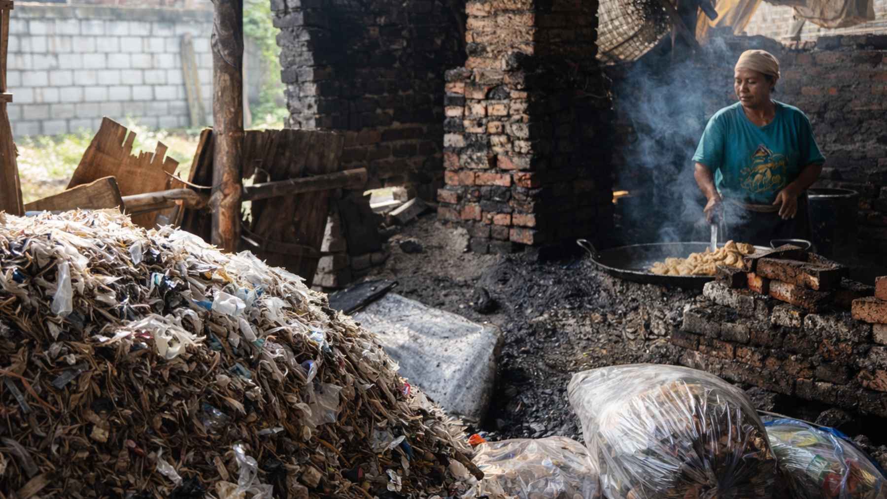 Mujer cocinando con residuos plásticos en una cocina improvisada en el Sur Global, con humo y plásticos amontonados al fondo.