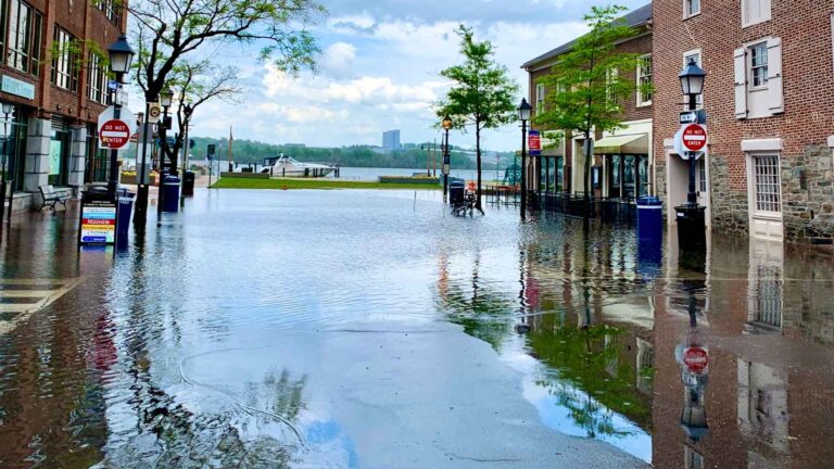 Calle inundada junto a un río, con edificios de ladrillo, farolas y señales reflejadas en el agua