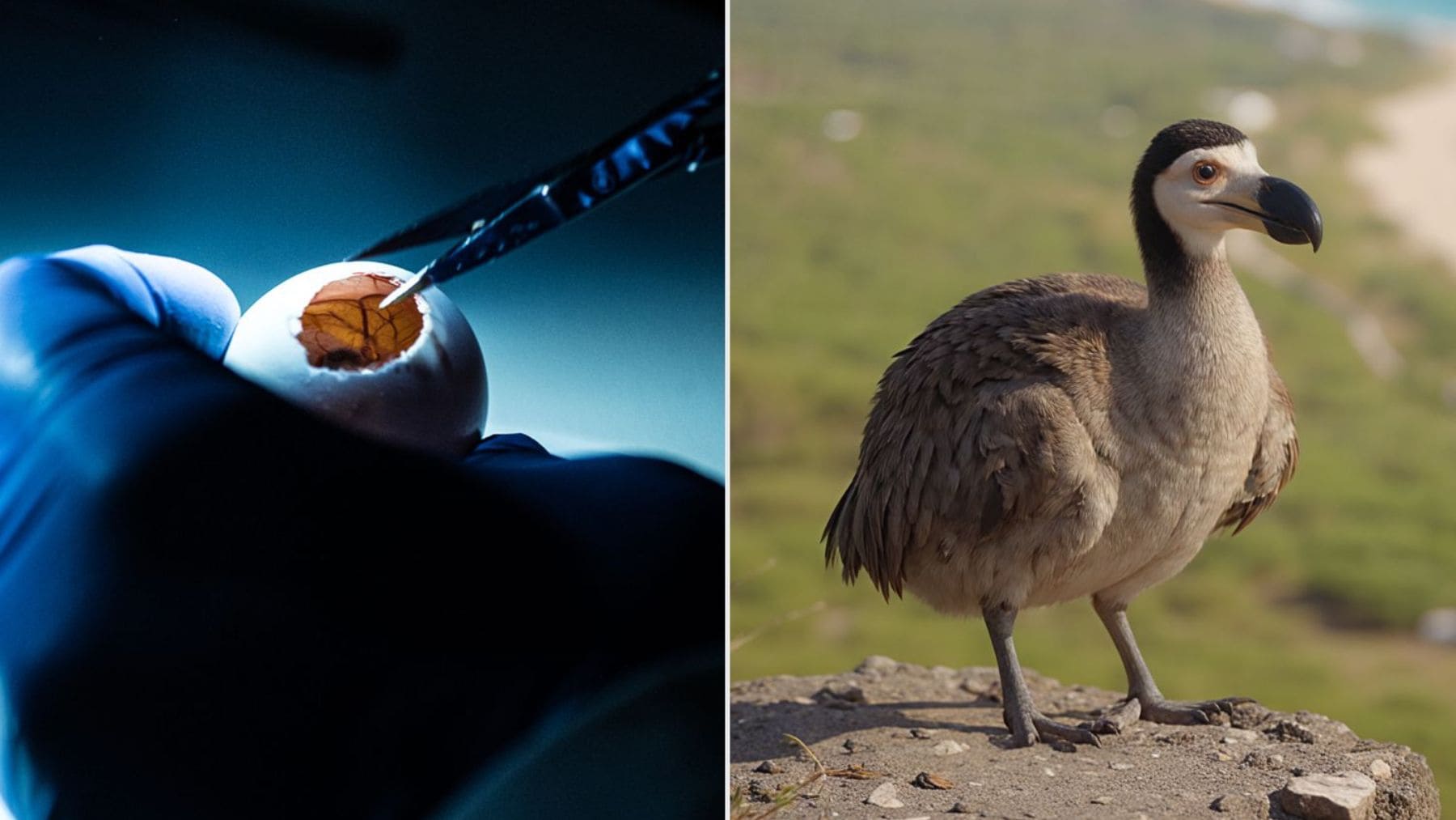 Ilustración de un dodo junto a un embrión de ave manipulado en laboratorio en un proyecto de desextinción genética.