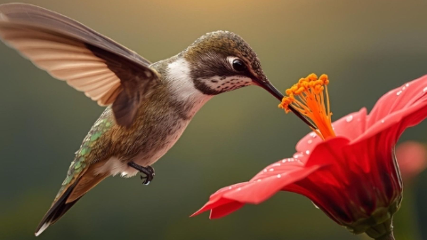 Colibrí alimentándose de una flor antes de descansar y entrar en torpor nocturno.