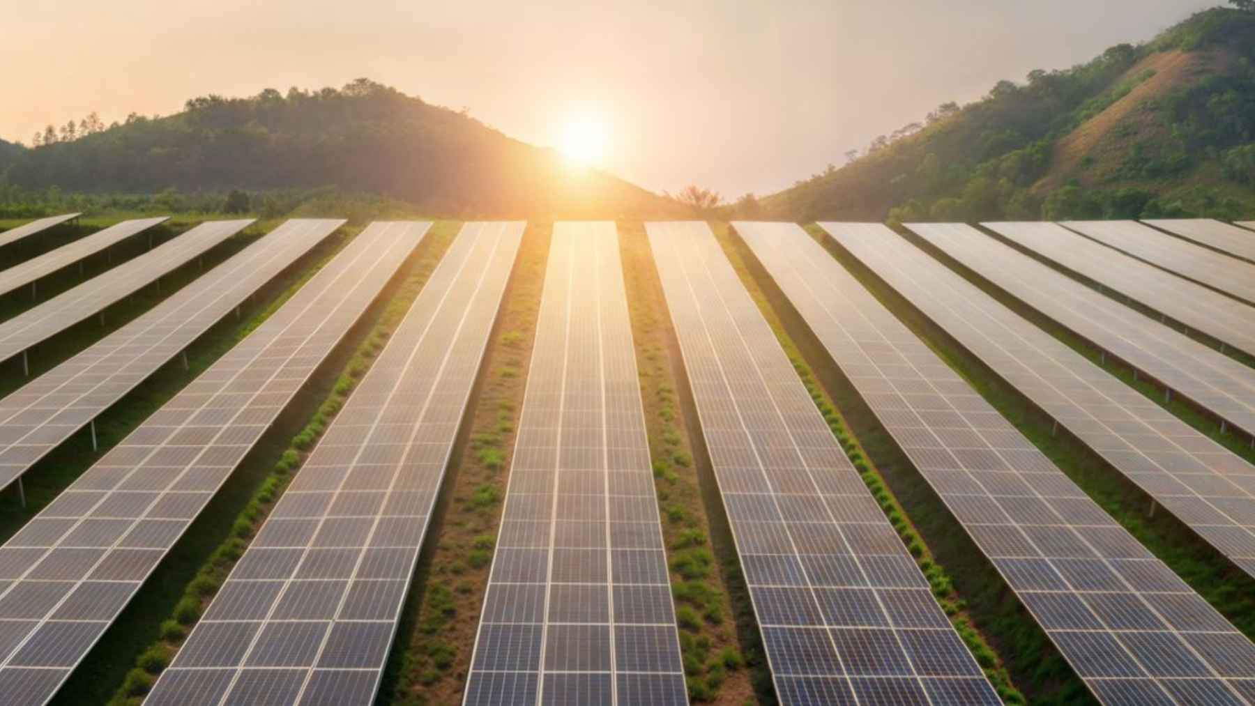 Planta solar a gran escala en Hungría con filas de paneles fotovoltaicos al amanecer entre montañas.