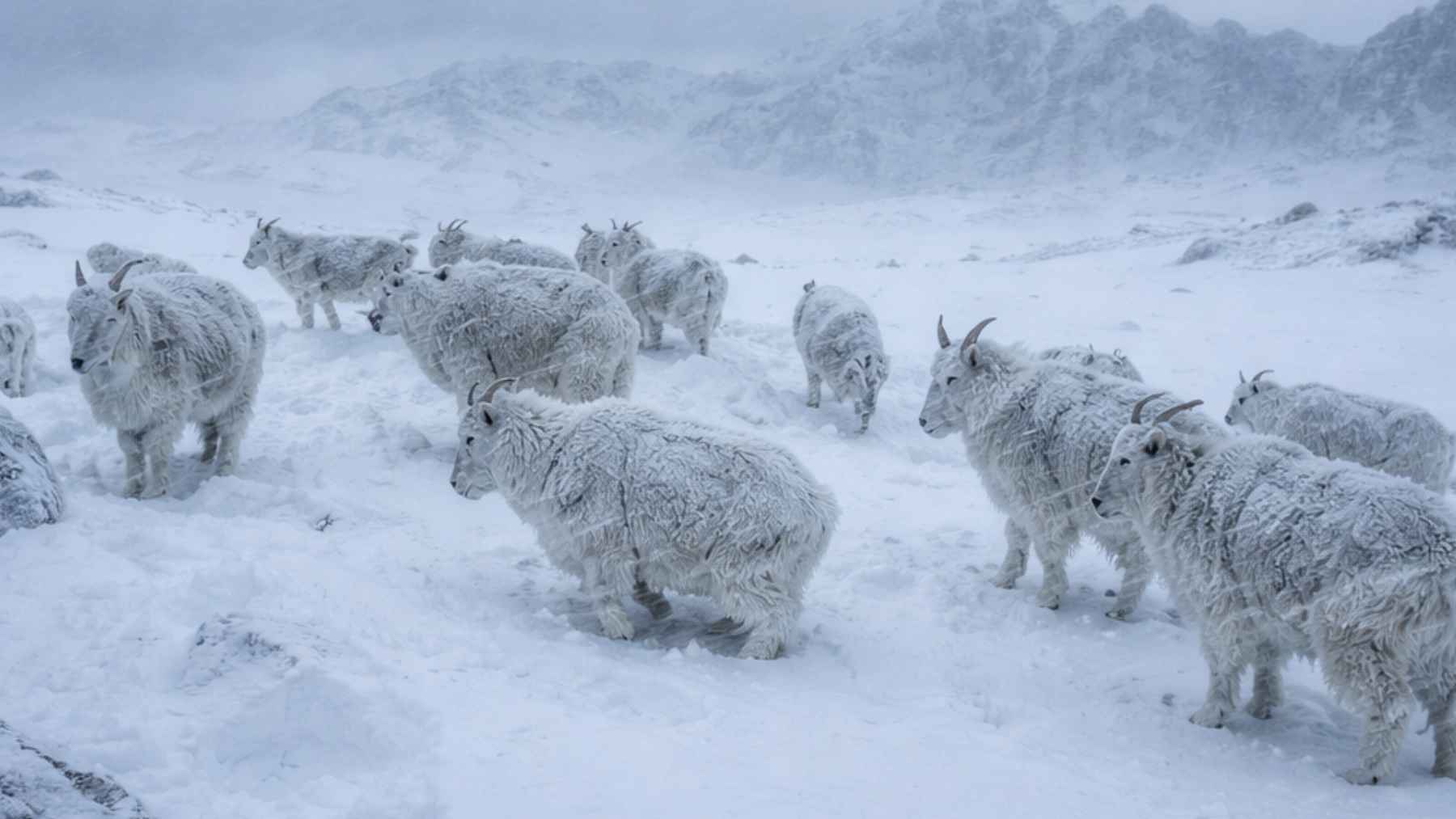 Rebaño de animales en un paisaje nevado durante un episodio de frío extremo en el norte de Noruega