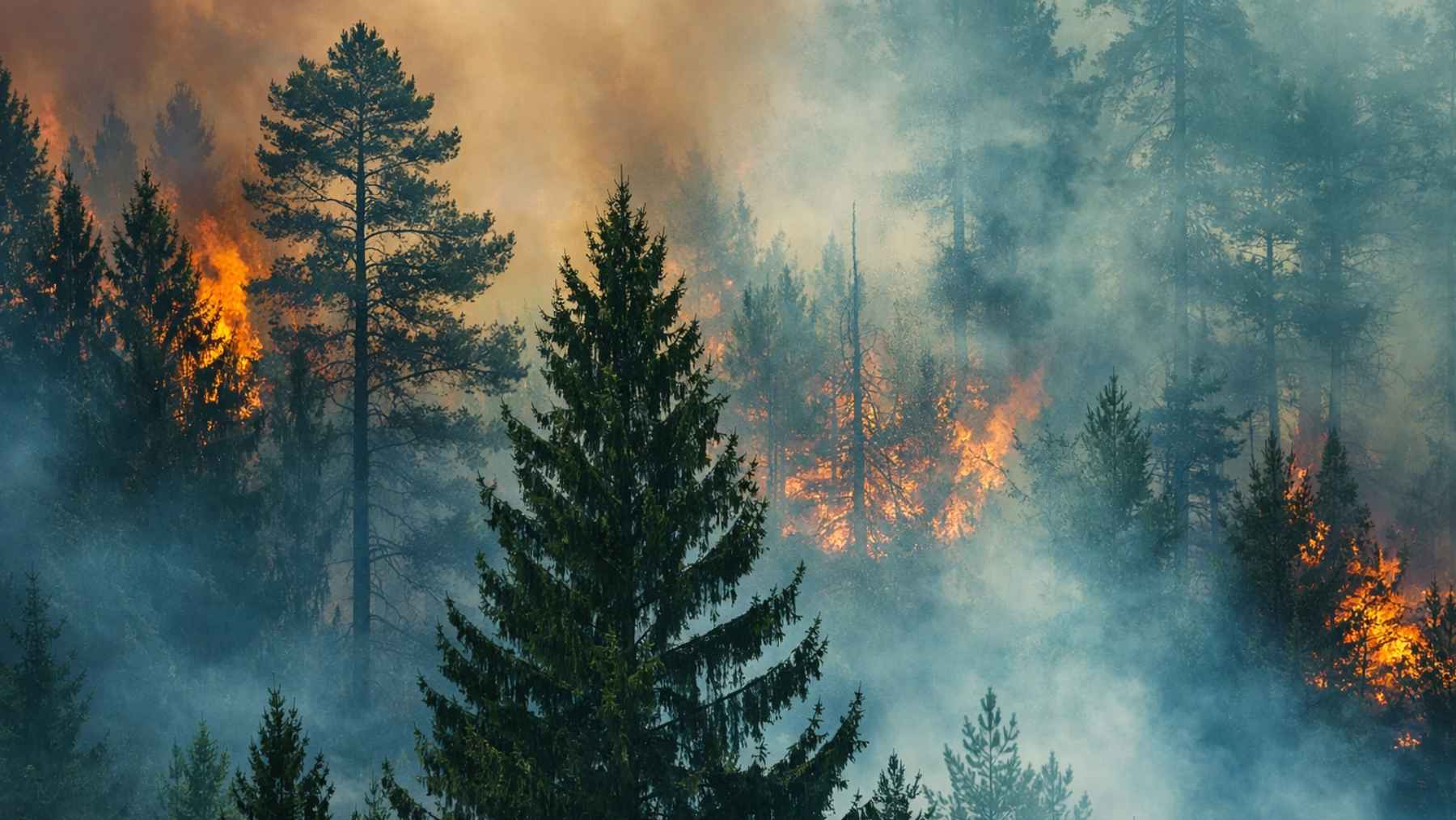 Incendio forestal con humo espeso y llamas intensas en un bosque de coníferas durante el día