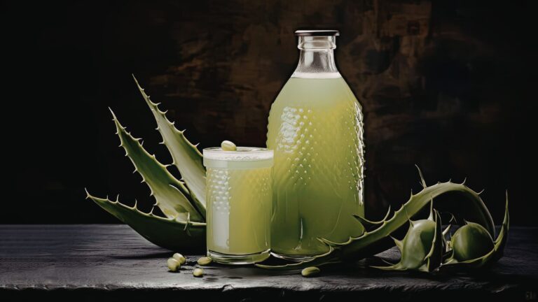 Jugo de sábila con limón preparado en botella y vaso sobre fondo oscuro.