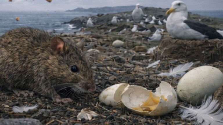 Rata invasora junto a huevos de ave marina en una colonia, mientras helicópteros dispersan cebo en una isla del Pacífico