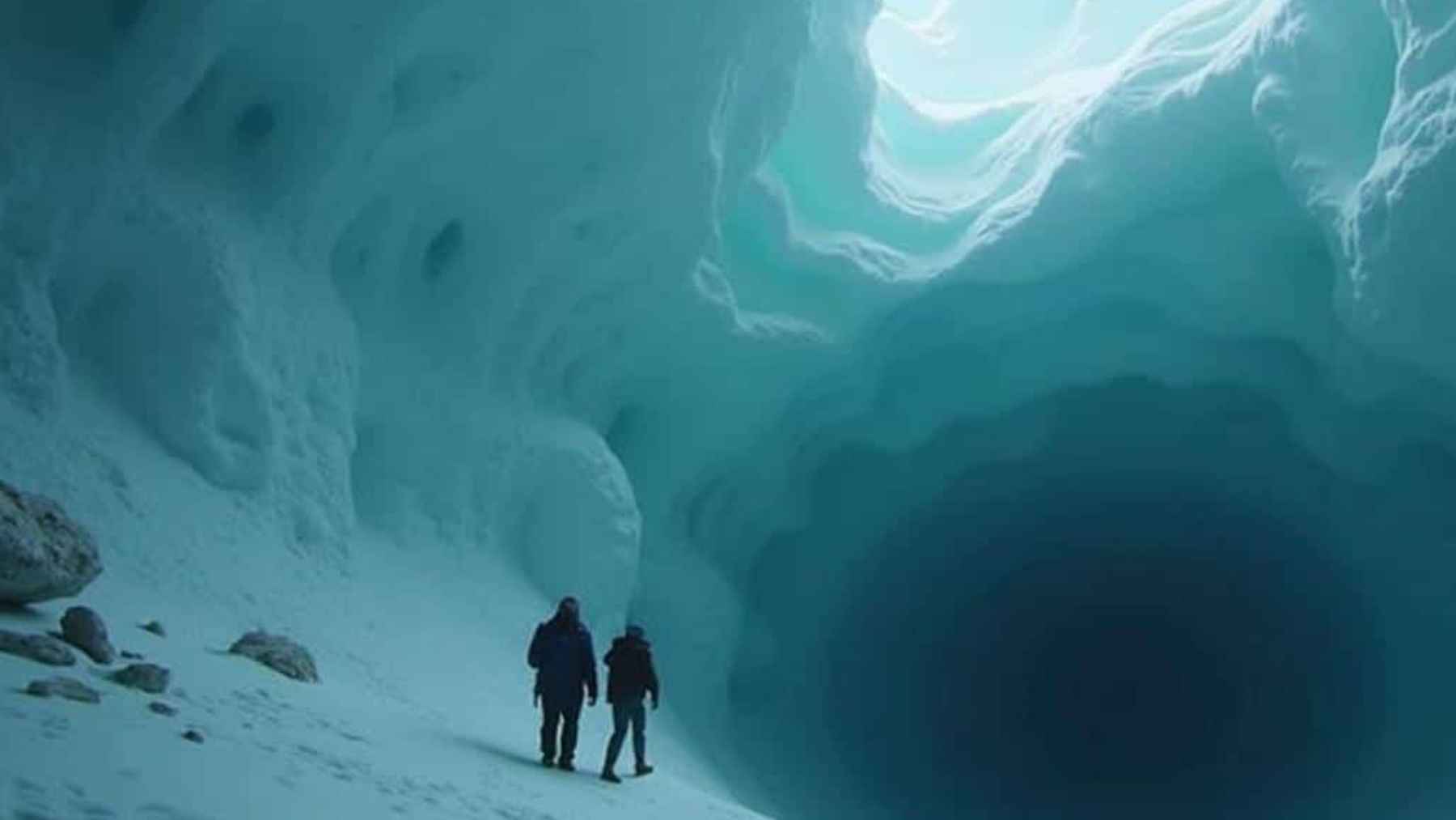 Cueva de hielo en la Antártida con dos personas junto a una abertura oscura