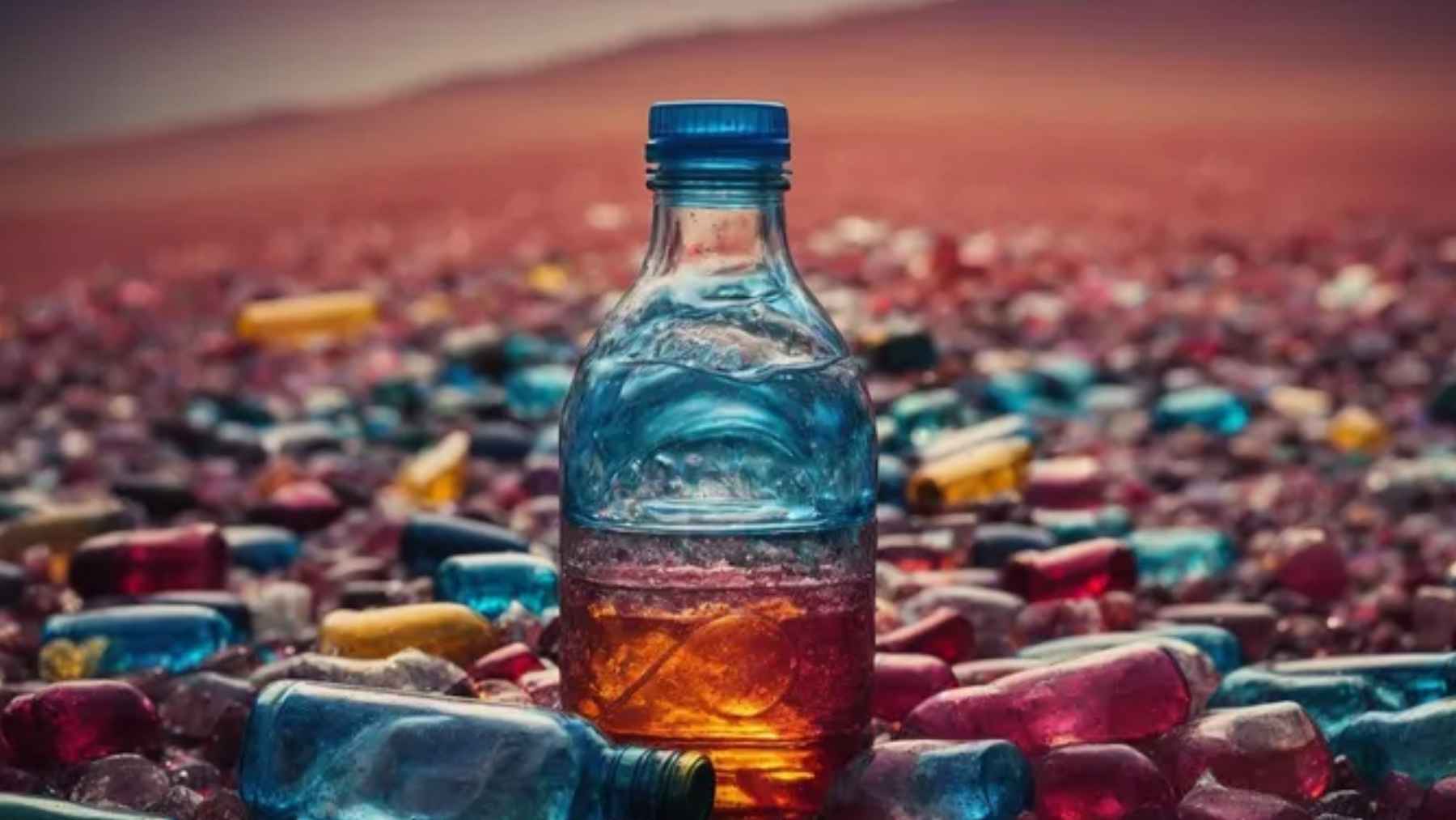 Botella de plástico entre cientos de envases desechados, símbolo de la contaminación por microplásticos en la atmósfera.