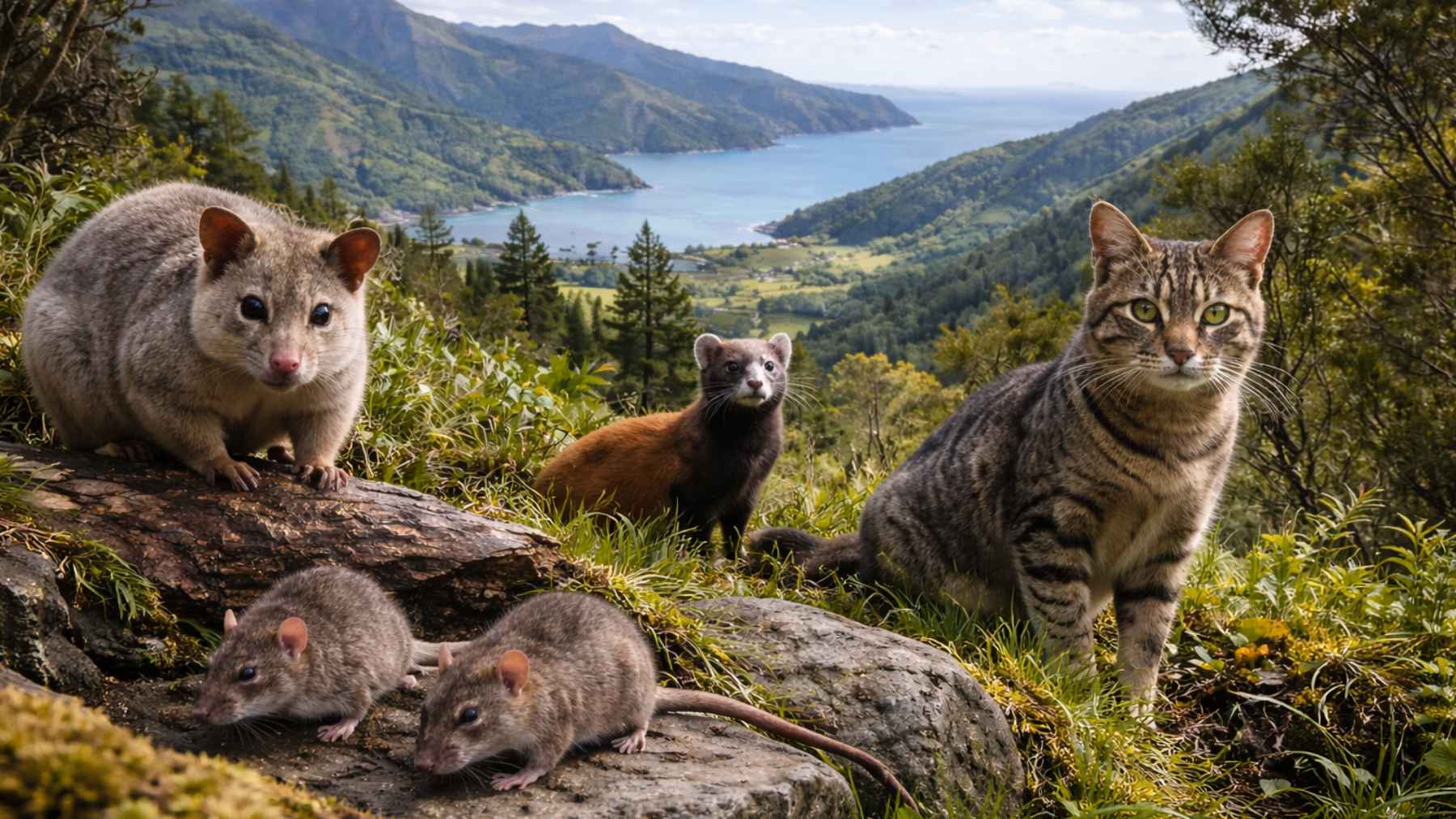Ratas, zarigüeyas, mustélidos y gato salvaje en un paisaje de Nueva Zelanda