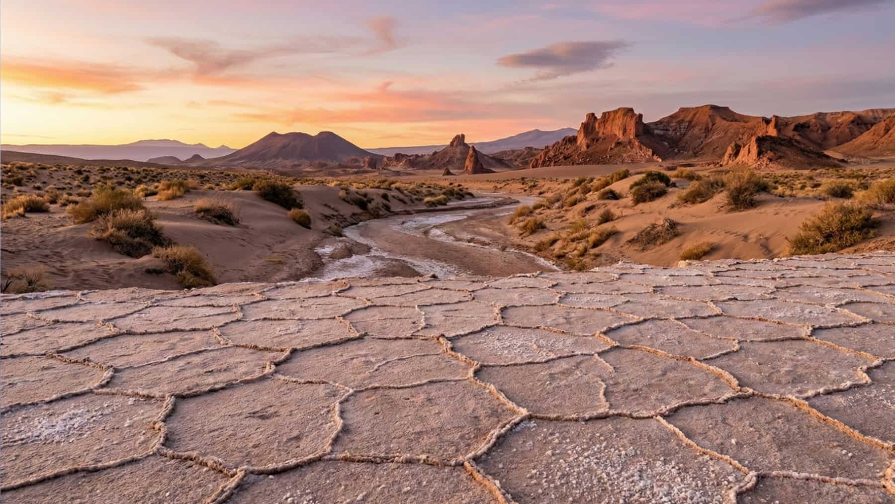 Paisaje árido del desierto con llanura extensa y montañas al fondo bajo un cielo azul despejado.