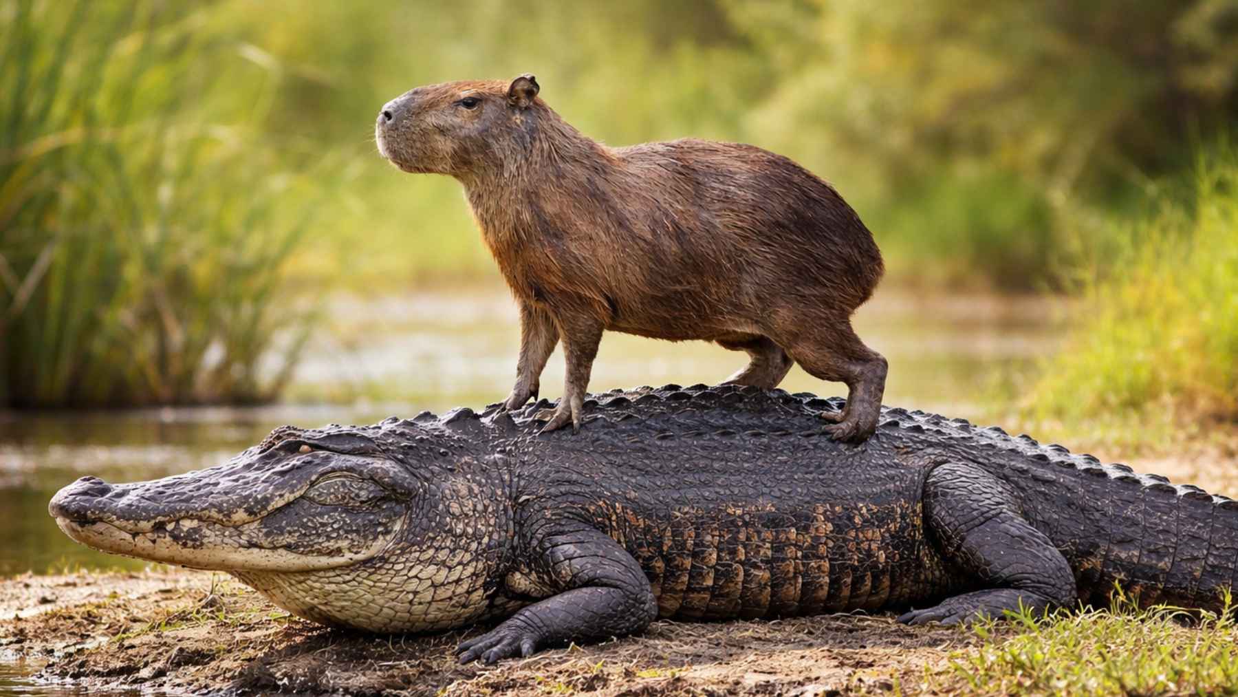 Capibara de pie sobre un caimán en la orilla de un río