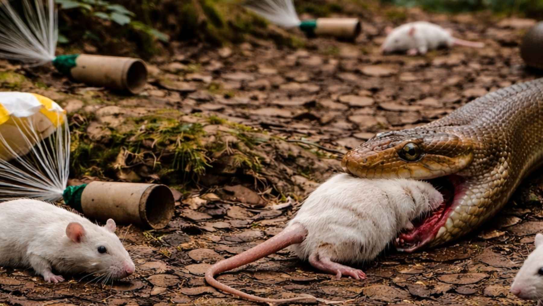 Serpiente arbórea marrón en Guam devorando una rata usada como cebo con paracetamol para controlar la especie invasora