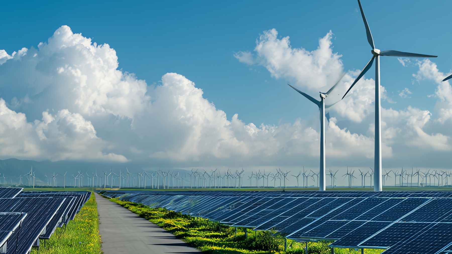 Parque solar con aerogeneradores en un paisaje abierto bajo cielo azul