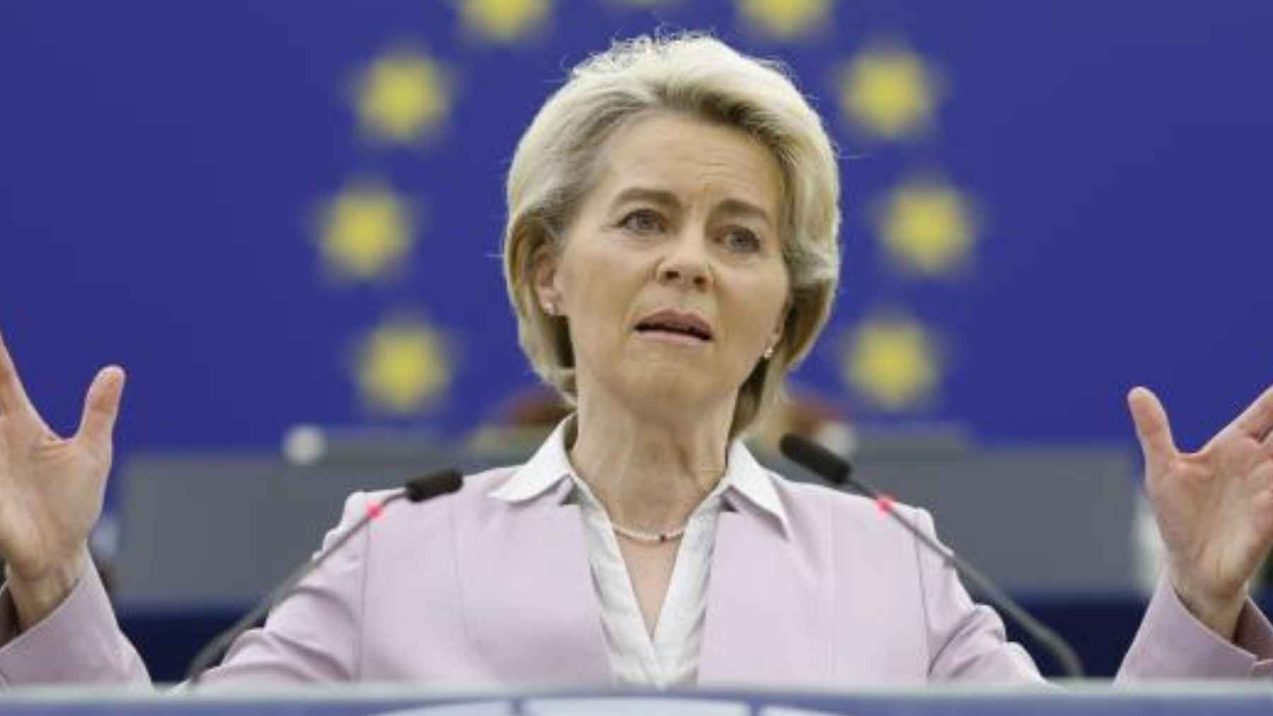 Dirigente de la UE ante la bandera europea, en una comparecencia sobre nuevas normas para perros y gatos