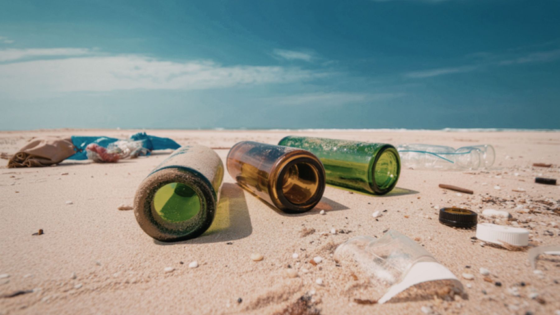 Botellas de vidrio y plástico abandonadas en la playa por contaminación de microplásticos.