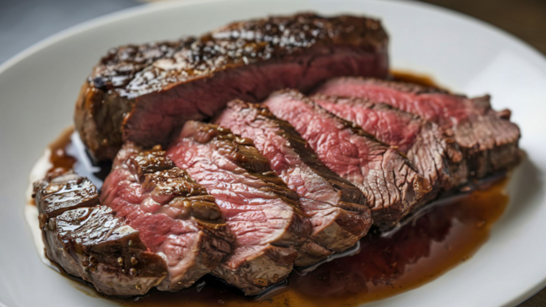 Filete de carne de vacuno en un plato, ejemplo del impacto climático del consumo de carne en EE. UU.