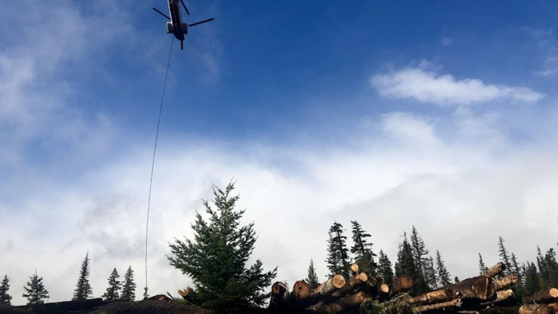 Helicóptero transportando troncos para la restauración de ríos en Estados Unidos.