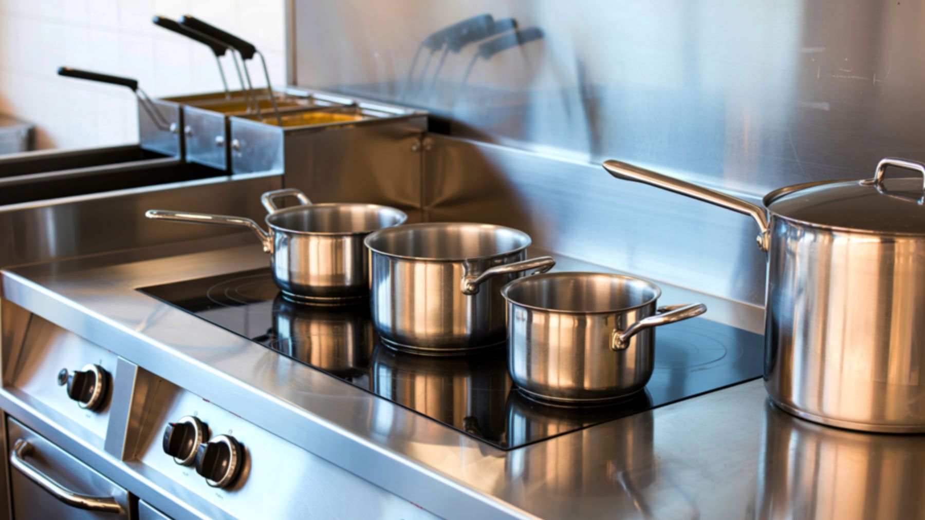 Cocina eléctrica de inducción con ollas sobre placa vitrocerámica en un hogar moderno.