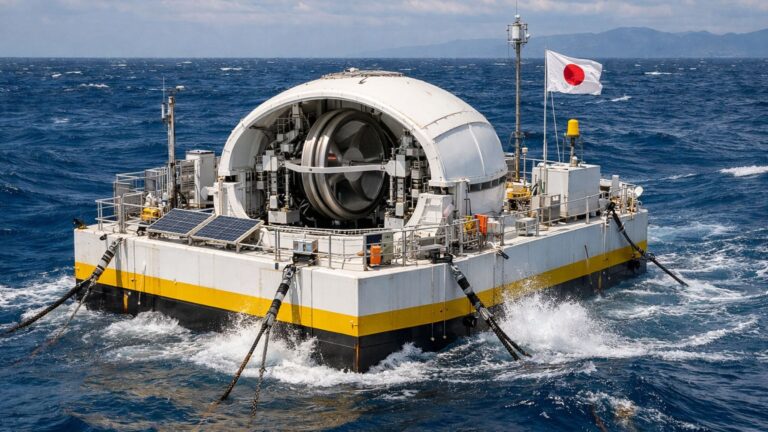 Plataforma flotante con giroscopio gigante en el océano para generar energía renovable a partir de las olas.