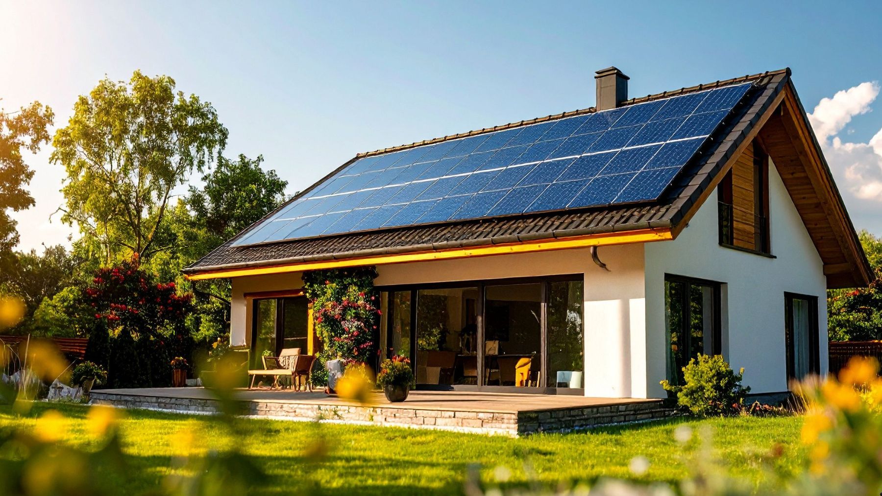 Vivienda unifamiliar con placas solares en el tejado dentro del programa de ayudas al autoconsumo en Lituania.