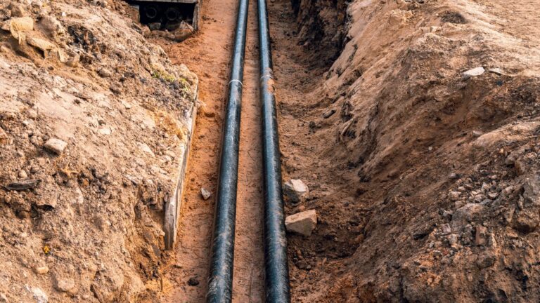 Tuberías de riego por goteo subterráneo enterradas a 30 cm para ahorrar agua en cultivo agrícola.