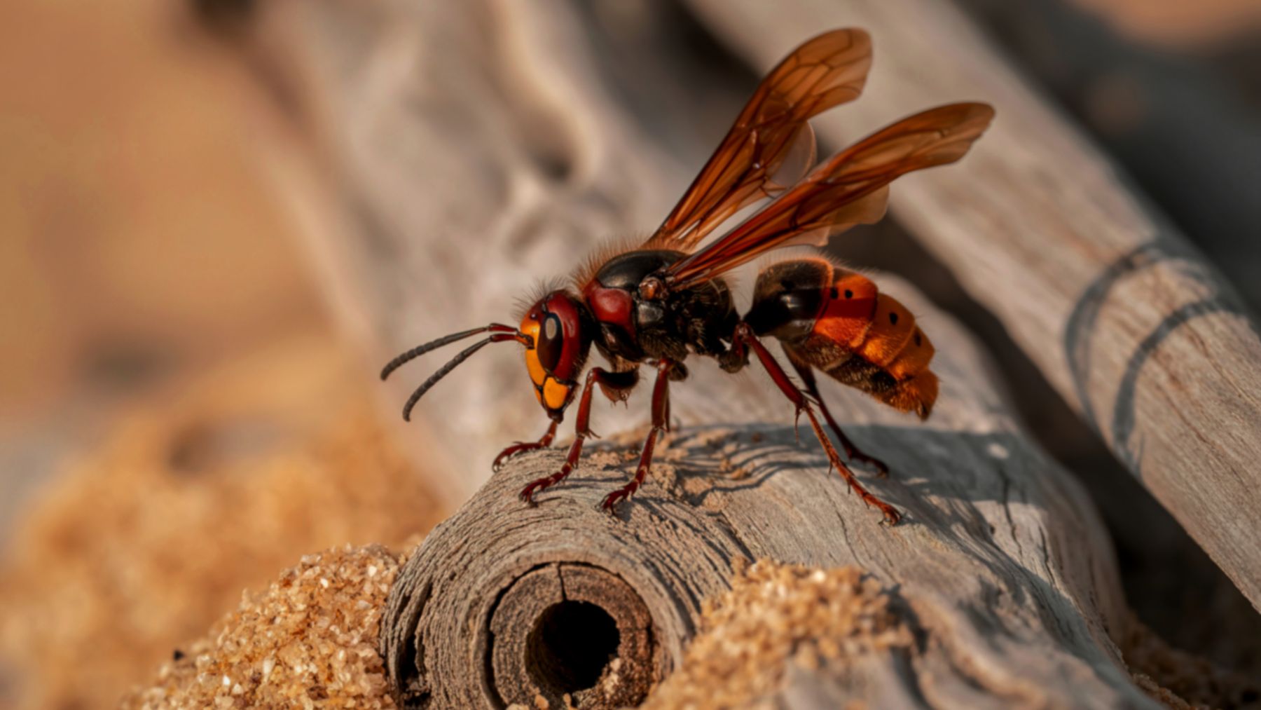 Avispa asiática Vespa velutina sobre madera en una terraza, especie invasora que construye nidos primarios en primavera en España.