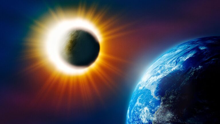 Eclipse solar total visible desde la Tierra con el Sol parcialmente cubierto y la corona solar brillando en el espacio.
