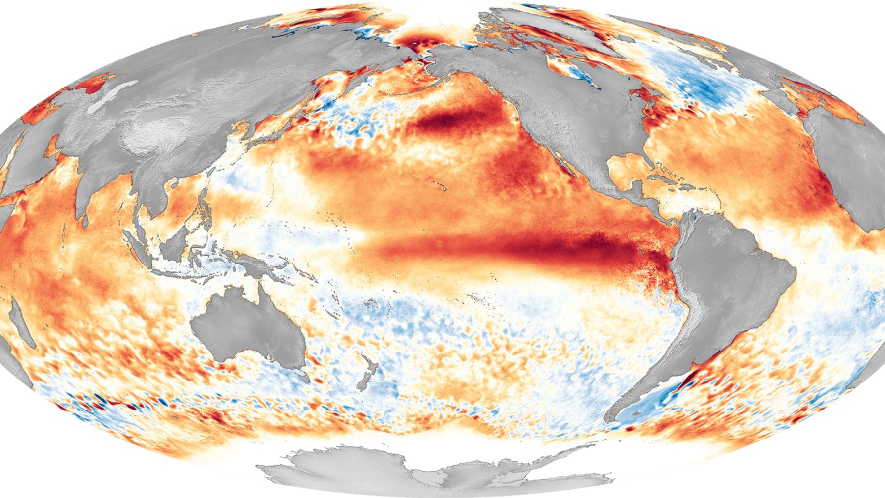 Mapa de la NASA del calentamiento del Pacífico que anticipa un posible fenómeno El Niño en 2026.