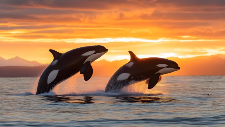 Dos orcas saltando en el océano al atardecer, símbolo del cambio de comportamiento que podría separar la especie.