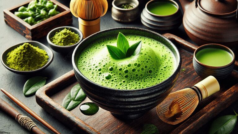 Taza de té matcha espumoso con polvo de matcha en una escena tradicional japonesa.