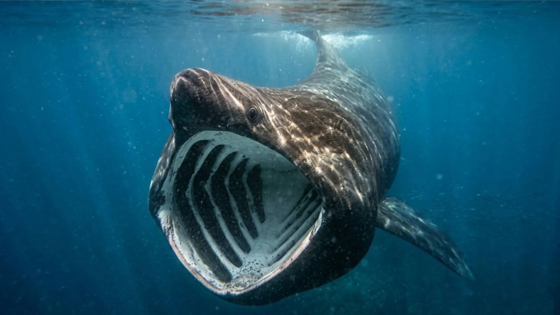 Tiburón peregrino gigante nadando con la boca abierta filtrando plancton en el Mediterráneo.