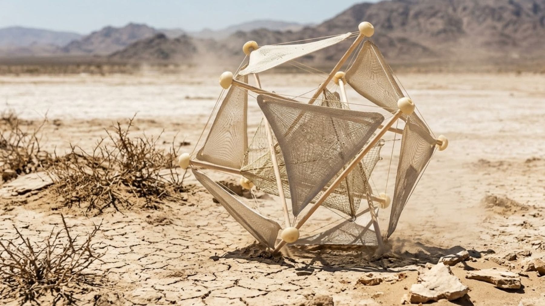 Esfera robótica biodegradable Wasteland Nomads dispersando semillas en suelo árido para restauración ecológica.