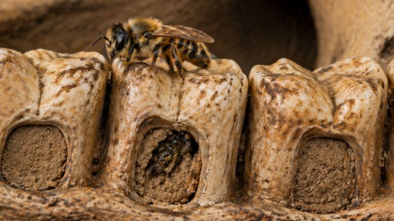 Abeja sobre hueso fósil con cavidades usadas como nidos en cueva de República Dominicana.