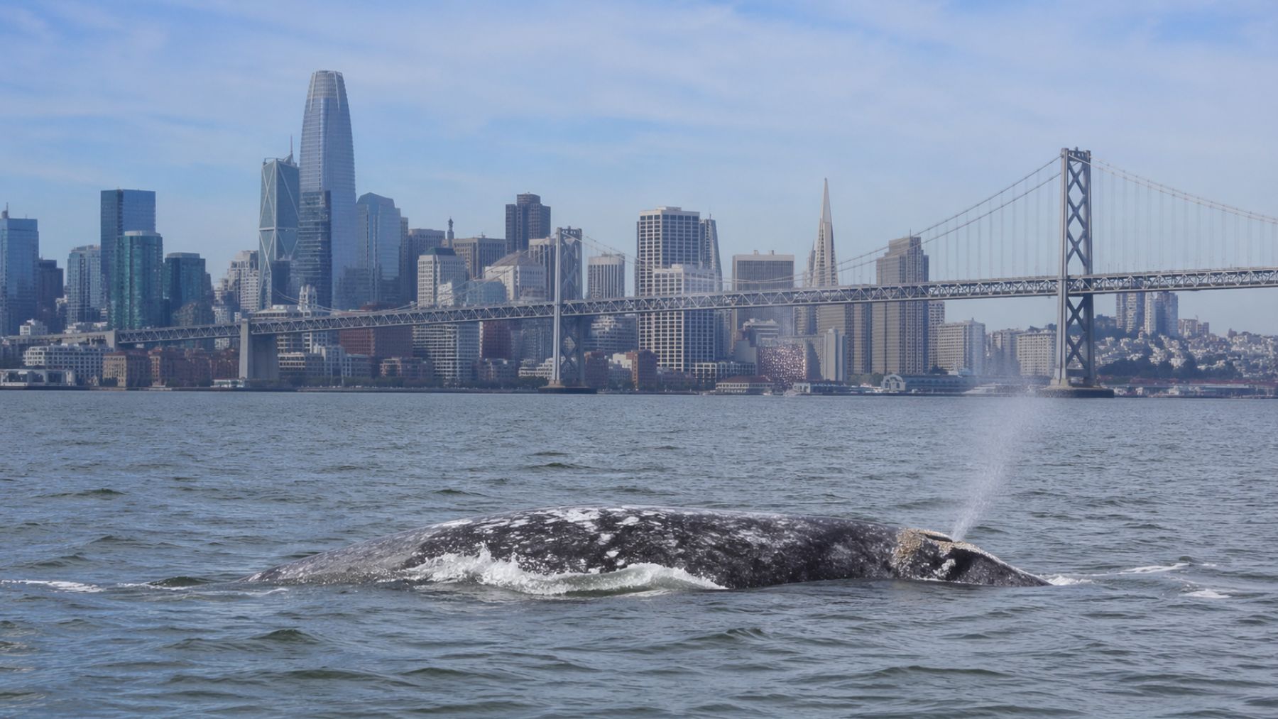 Ballena gris nadando en la bahía de San Francisco cerca de barcos, zona donde aumenta su mortalidad por colisiones.