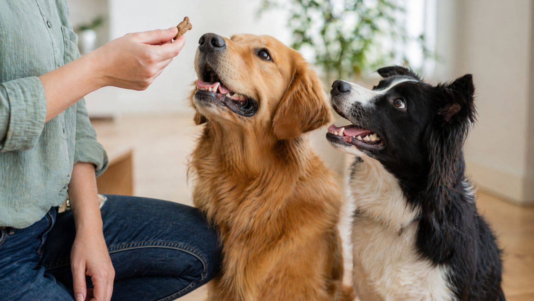 Perros comiendo premio mientras se impulsa el uso de carpa invasora como snack sostenible para mascotas.