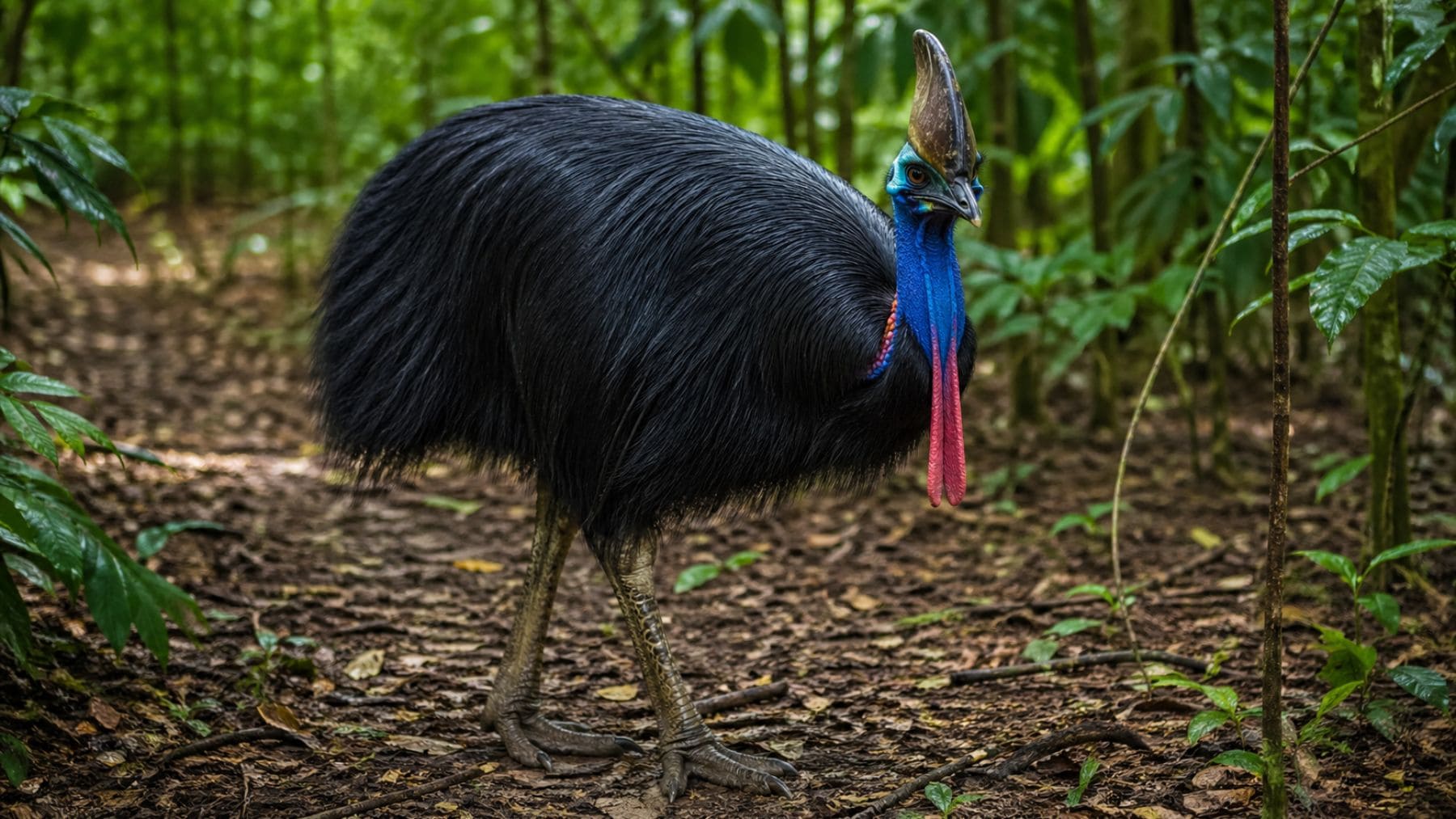 Casuario en la selva tropical, ave clave para la dispersión de semillas en bosques de Australia y Papúa Nueva Guinea.